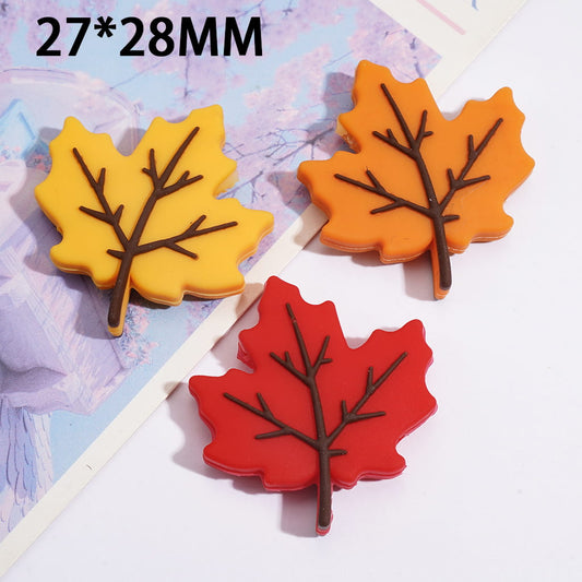 Cute Yellow Maple Leaf with Brown Branch Silicone Focal Beads 27*28MM