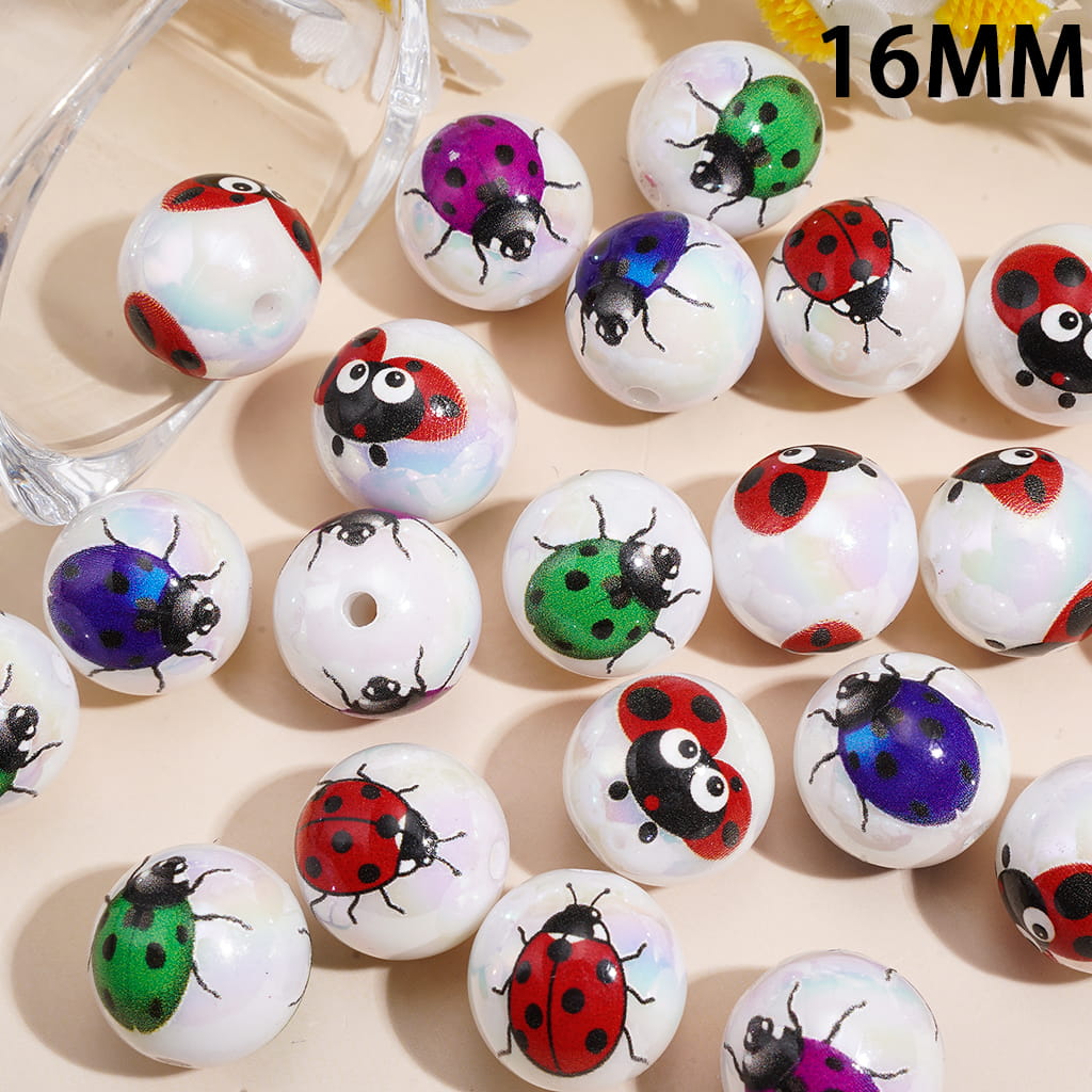 Adorable Ladybug Print Design UV Coated Glossy Round Acrylic Beads, 16MM Random Mix