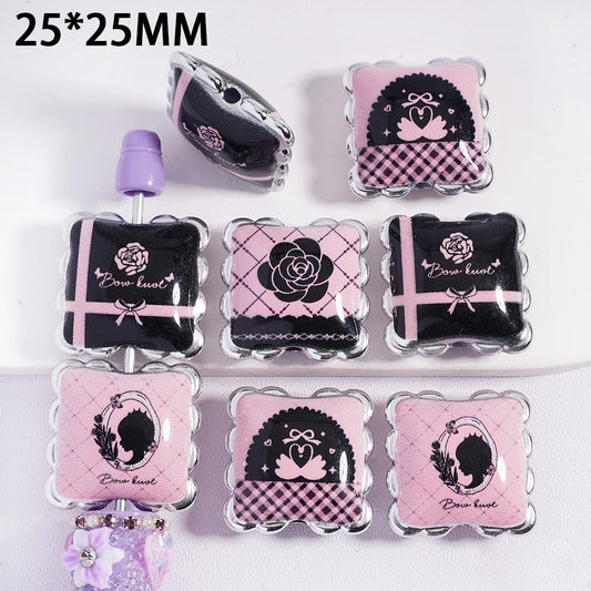 Valentine’s Day Theme Black & Pink Rose Ring Pillow Shape Design Acrylic Beads 25*25MM,