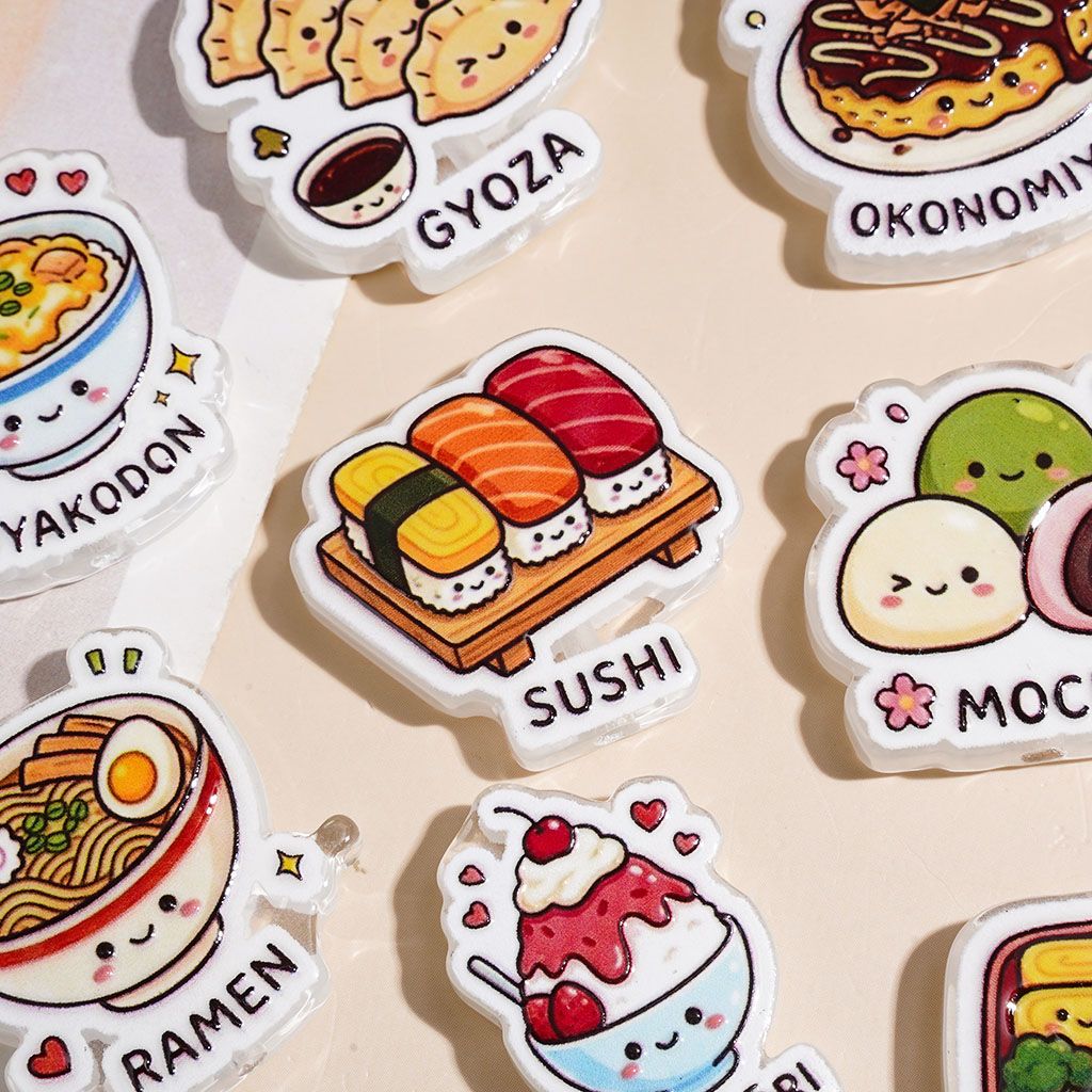 Cute Oyakodon, Sushi, Ramen, Gyoza, Kakigori, Okonomiyaki, Bento, Taiyaki & Mochi Japanese Food Series Acrylic Beads, Random Mix
