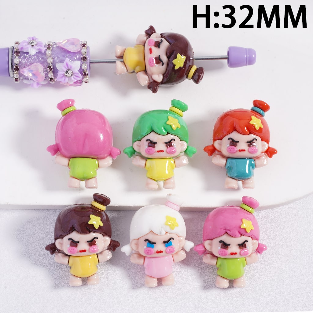 Cute Angry Baby Girl with Star Ornament, Soft PVC Rubber Beads Height 32MM, Random Mix