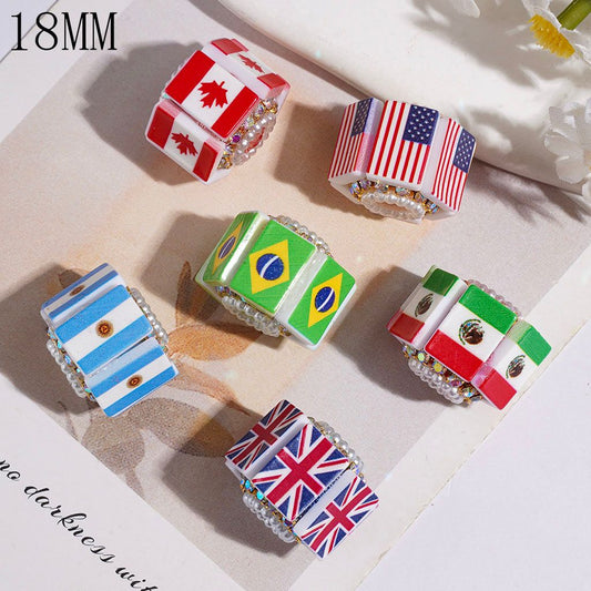 Country Flag Acrylic Beads with AB Rhinestone Chains & Pearl Loops, 18mm, Random Mix