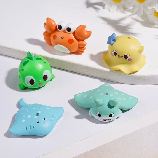 Adorable Cartoon Ocean Friends Octopus, Pufferfish, Crab, Turtle & Dolphin Acrylic Beads, Random Mix