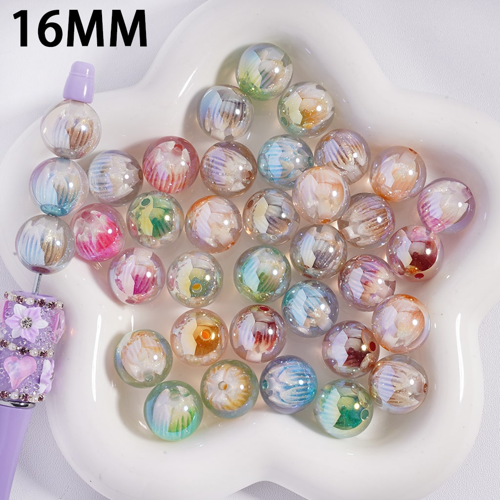 UV Coating Semi‑Clear Budding Flower and Glitter Embedded Inside Shiny Multi‑Color, Round Acrylic Beads for Bracelets 16MM, Random Mix