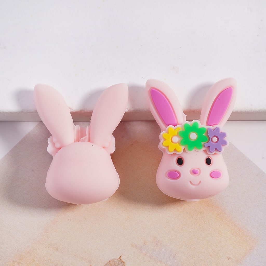 3D Lovely Bunny Head with Flower Ring, Pink & White Silicone Focal Beads