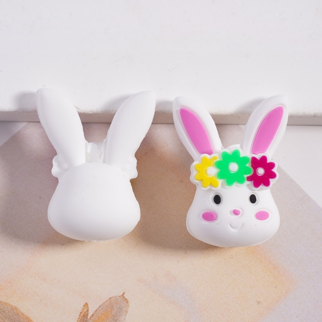 3D Lovely Bunny Head with Flower Ring, Pink & White Silicone Focal Beads