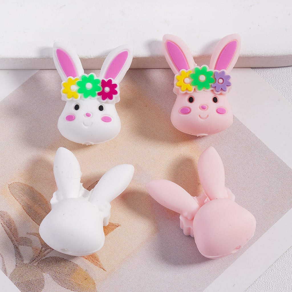 3D Lovely Bunny Head with Flower Ring, Pink & White Silicone Focal Beads