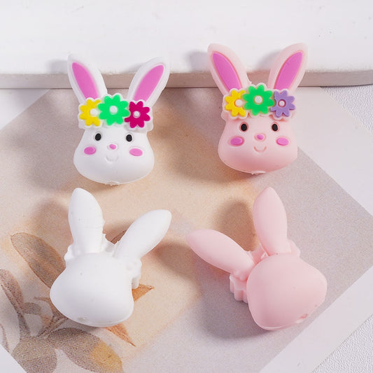 3D Lovely Bunny Head with Flower Ring, Pink & White Silicone Focal Beads