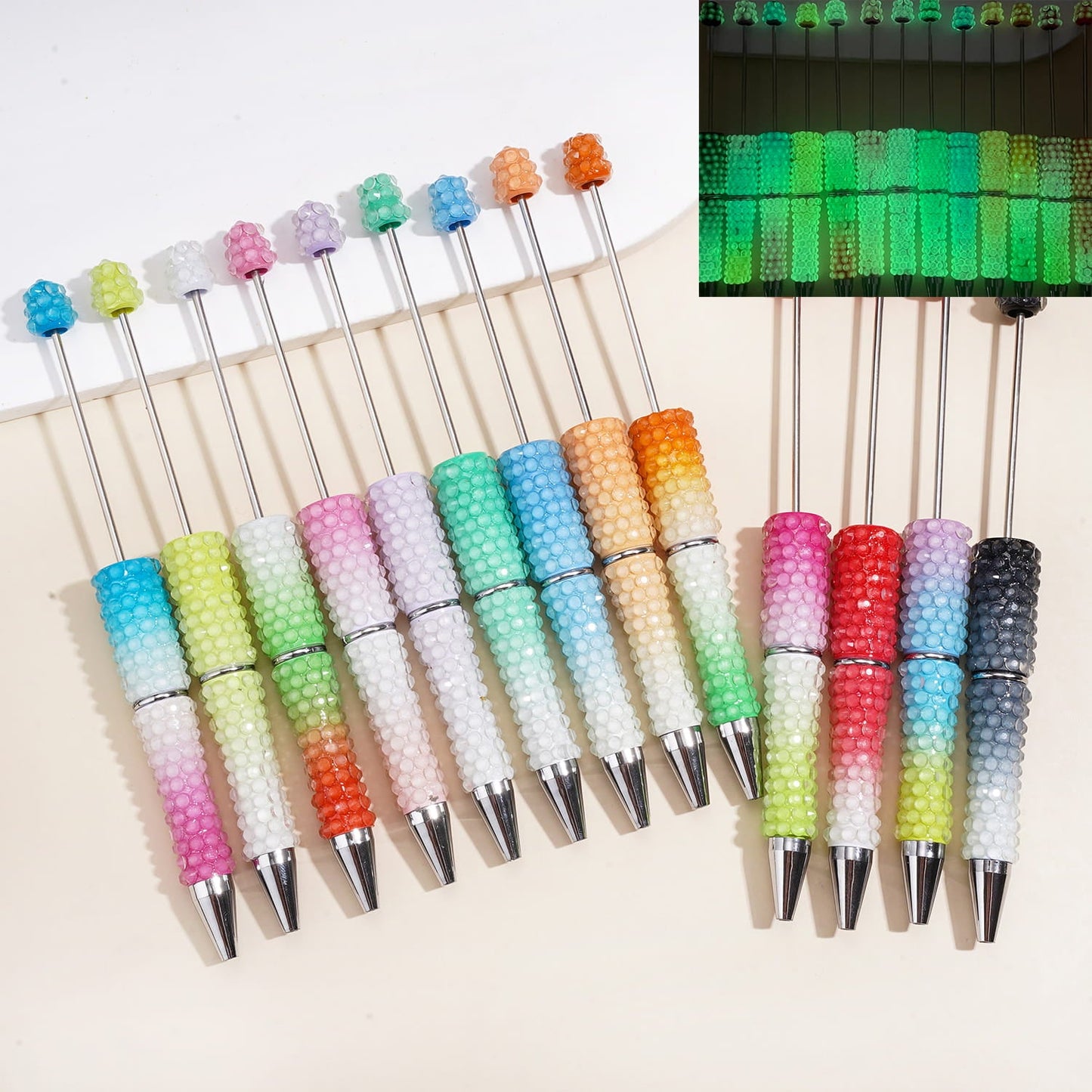 Beadable Pens w Luminous Ombre Colors, Clear Rhinestones Covering, Multi-Color