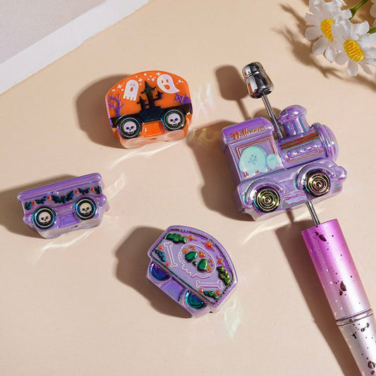 UV-Coated Spooky Train Locomotive & Carriage Halloween Themed Acrylic Beads, Orange & Purple, Random Mix