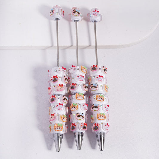 Cute Kitty Head with Bowtie Multi-Color Beadable Clay Pens with Rhinestone