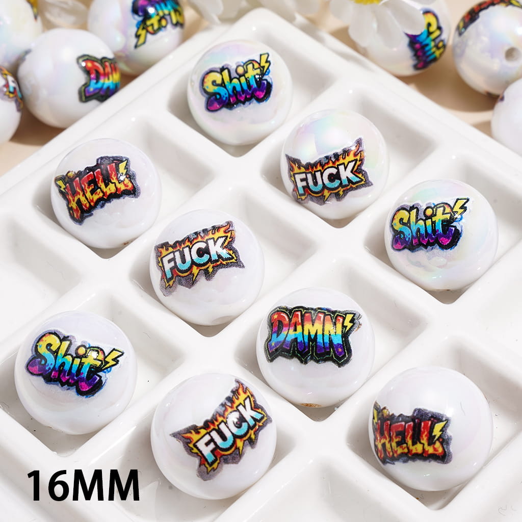 Humor Word Print Design UV Coated Glossy Round Acrylic Beads for Bracelets, 16MM Random Mix