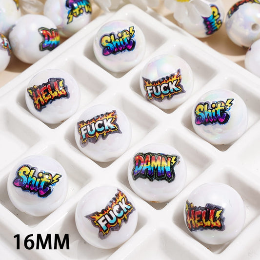 Humor Word Print Design UV Coated Glossy Round Acrylic Beads for Bracelets, 16MM Random Mix