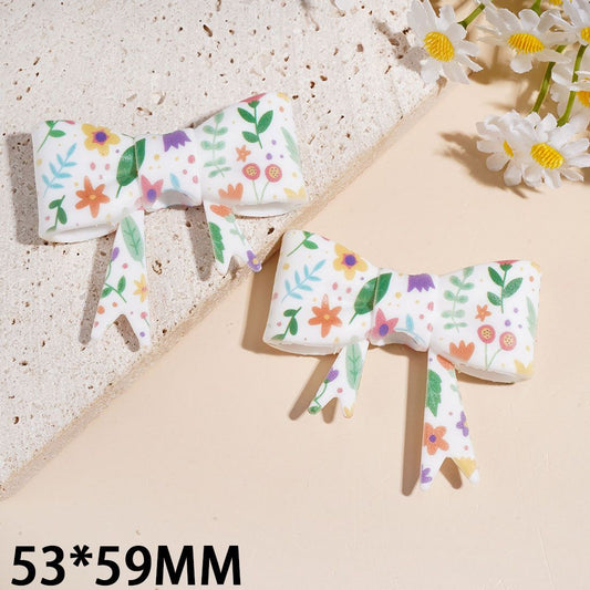 Whimsical Cartoon Flower & Leaf Print Soft Bowtie-Shaped Silicone Focal Beads, 53×59MM