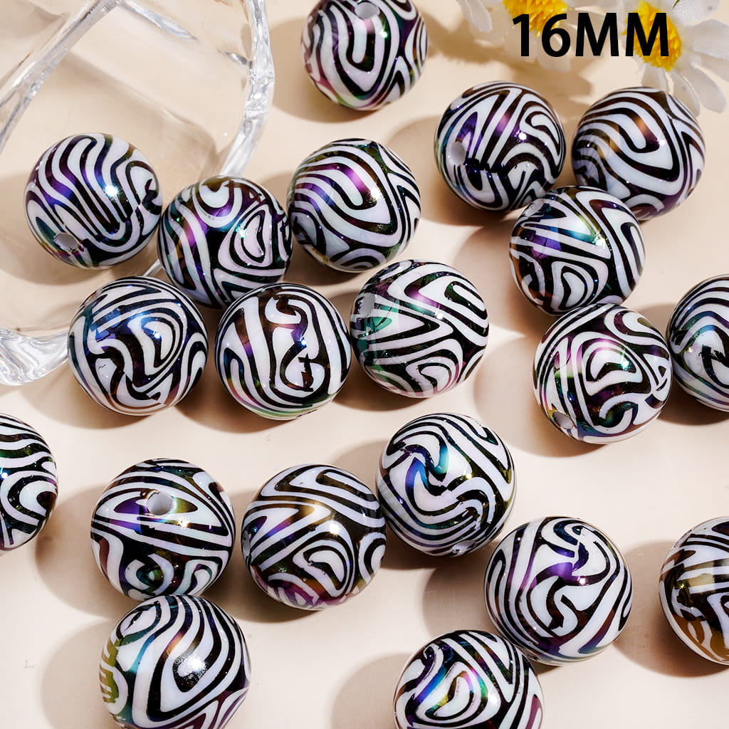 Black and White Zebra Stripe Design Print Glossy UV Coated Round Acrylic Beads for Bracelets, 16MM, Random Mix