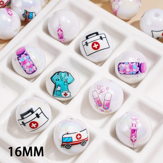 Medical Theme Series UV Coated Glossy Printed Round Acrylic Beads for Bracelet, 16MM Random Mix