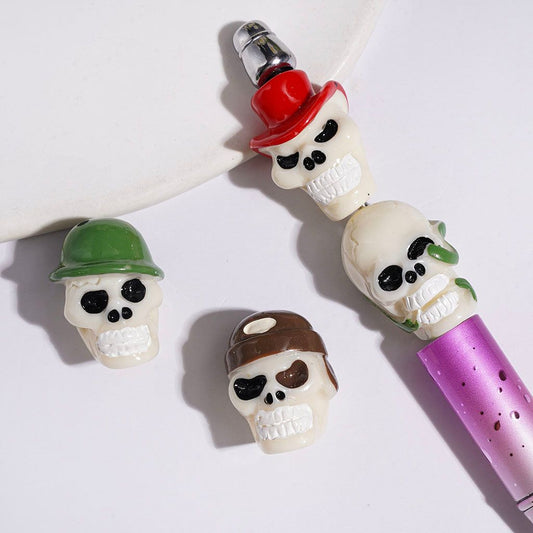 Spooky Skull Head with Colorful Hat Designs in Red, Green & Brown Halloween Theme Acrylic Beads, Random Mix