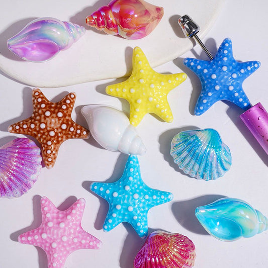 UV-Coated Ocean Shell Acrylic Beads with Starfish, Conch & Scallop Shapes