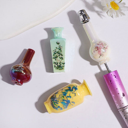 UV Coated Chinese Flower Vase Acrylic Beads with Landscape Prints, Random Mix