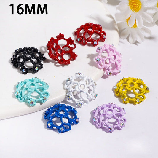 Elegant Vortical Fan-Style Alloy Bead Cages with Flower & Mini AB Rhinestones, Bead Cap, 16MM, Multi-Color, Random Mix (They Fit 16MM Beads)