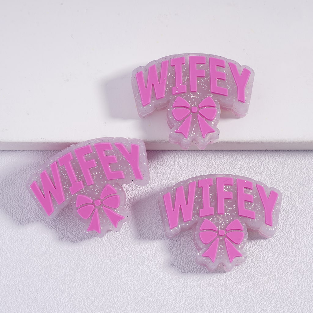 Silver Glitter, Pink & Teal with “WIFEY” Text & Bowtie Silicone Focal Beads
