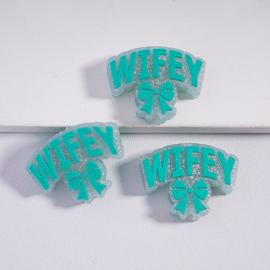 Silver Glitter, Pink & Teal with “WIFEY” Text & Bowtie Silicone Focal Beads