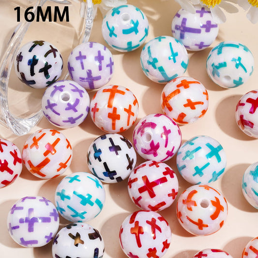 Vibrant Multicolor Cross Pattern Glossy UV Coated Printed Round Acrylic Beads, 16MM, Random Mix