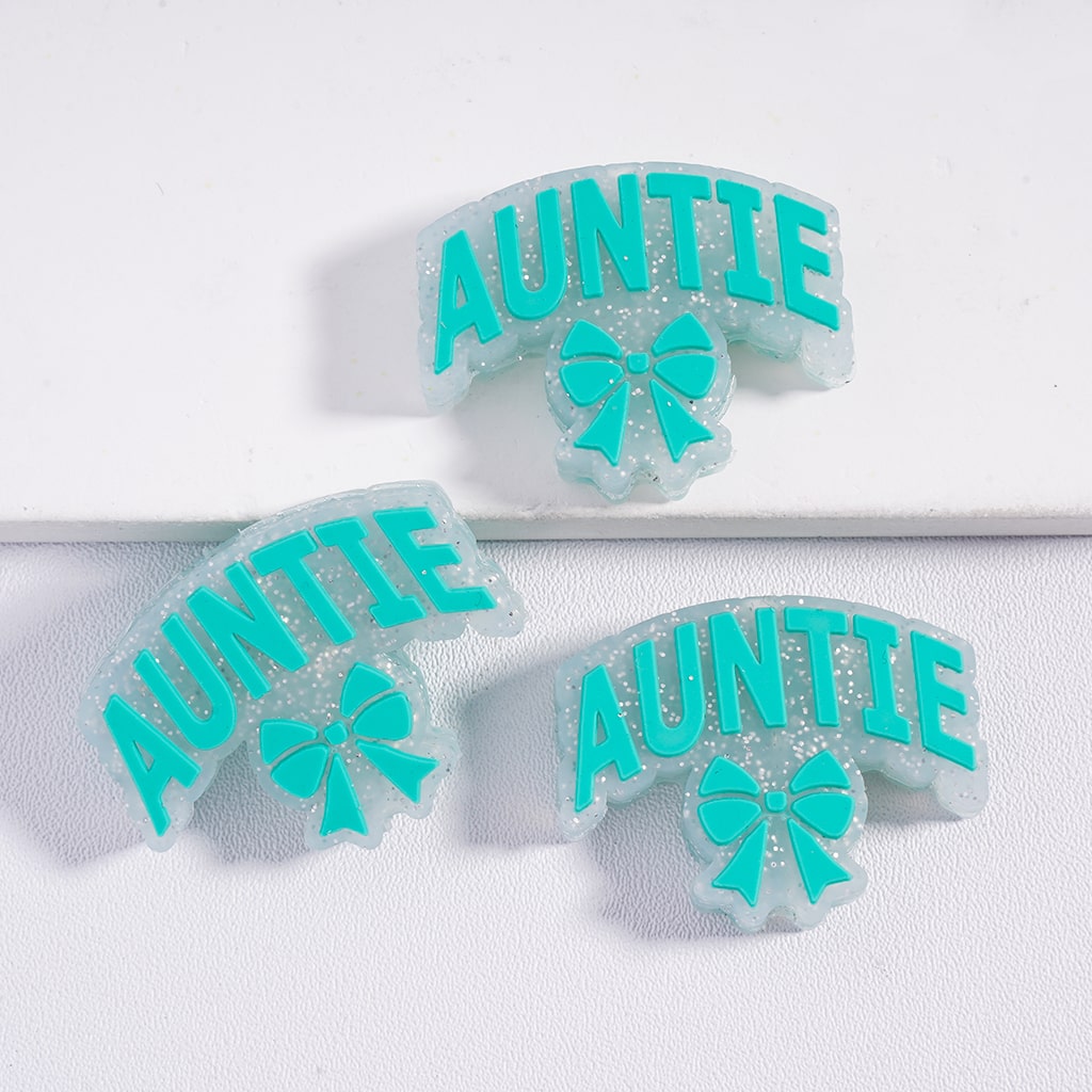 Silver Glitter, Pink & Teal with “AUNTIE” Text & Bowtie Silicone Focal Beads