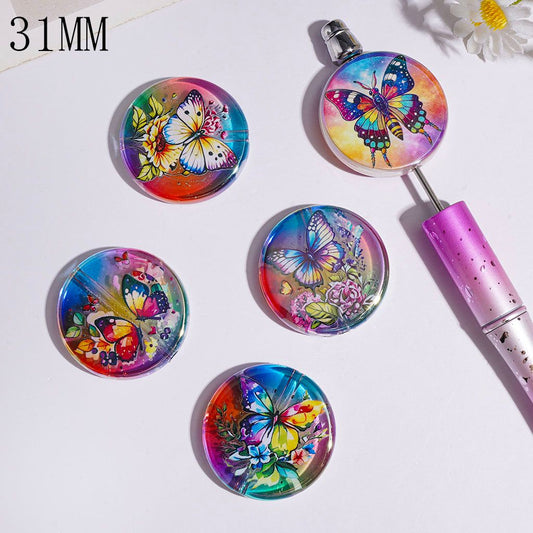 Vibrant Butterfly Flower Acrylic Beads with UV Finish, Flat Round 31mm Random Mix