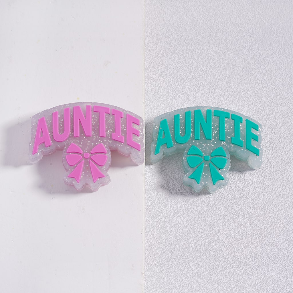 Silver Glitter, Pink & Teal with “AUNTIE” Text & Bowtie Silicone Focal Beads