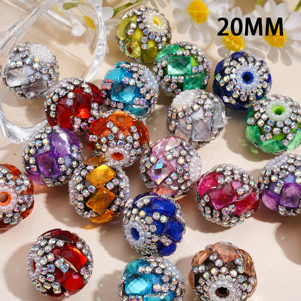 Sparkling Rhombus Crystal Style with Rhinestone Chain & White Pearl Ring Hand-Made Acrylic Beads, 20MM, Random Mix