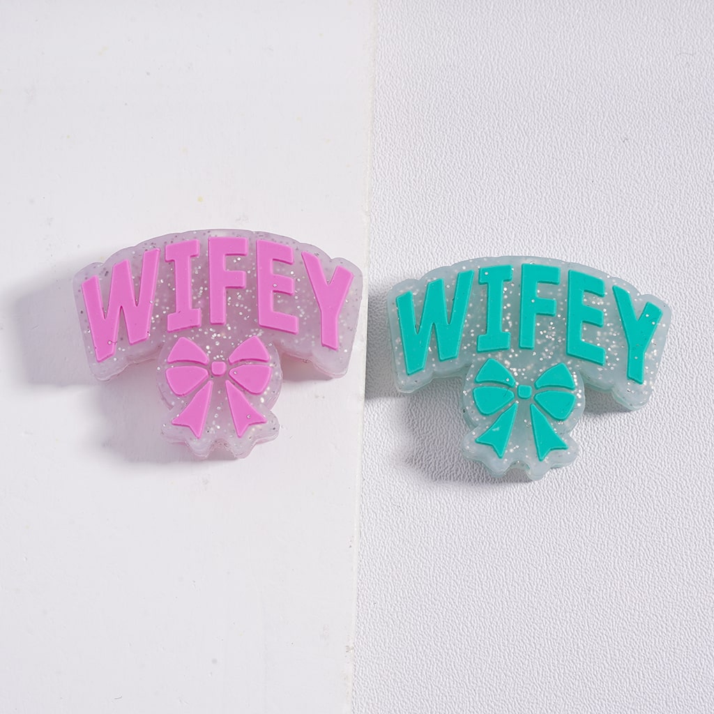 Silver Glitter, Pink & Teal with “WIFEY” Text & Bowtie Silicone Focal Beads