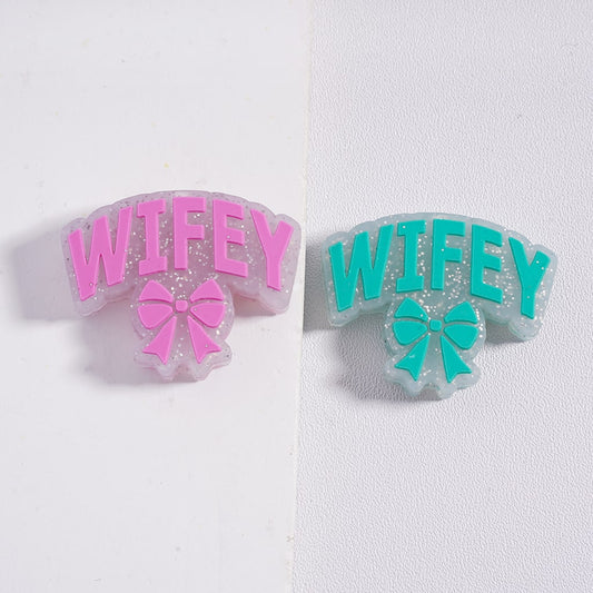 Silver Glitter, Pink & Teal with “WIFEY” Text & Bowtie Silicone Focal Beads