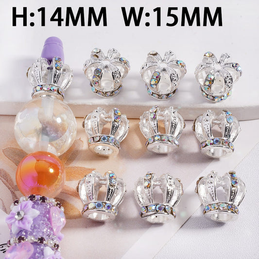 Sparkling Silver Metal Crown Beads with AB Rhinestones Height 14MM and Width 15MM Large Hole
