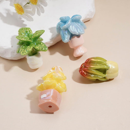 UV Coated Cute Mini Potted Leaf Plant Acrylic Beads, Random Mix