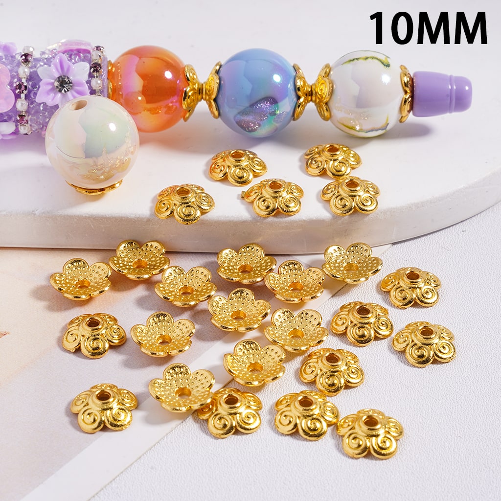 Gold Five Petaled Flower Shape Spacer Beads with Fortune Floral Scroll Patterns 10 mm, (Fits 16 mm Beads)