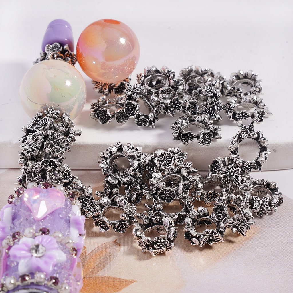 Silver & Black Butterfly and Flower Metal Spacer Beads Big Hole 10*12mm for Bracelet Making