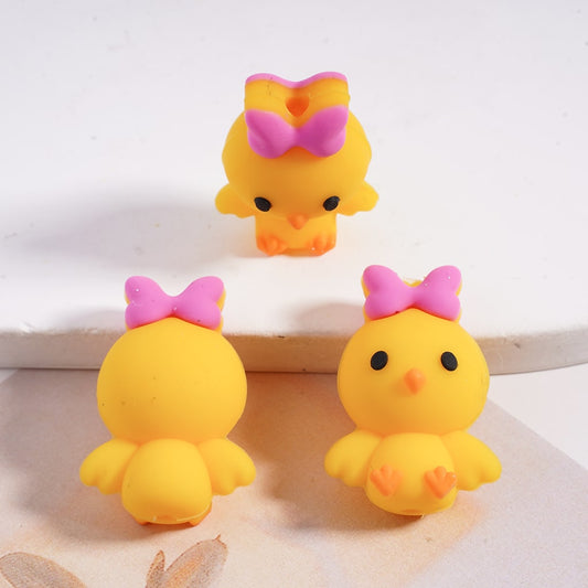 3D Cute Yellow Chick with Pink Bowtie on Head Silicone Focal Beads