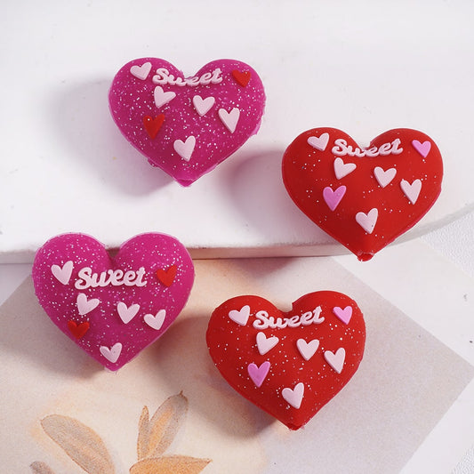 3D Red Heart Shaped Silicone Focal Beads with “Sweet” Text and Mini Pink & White Small Hearts