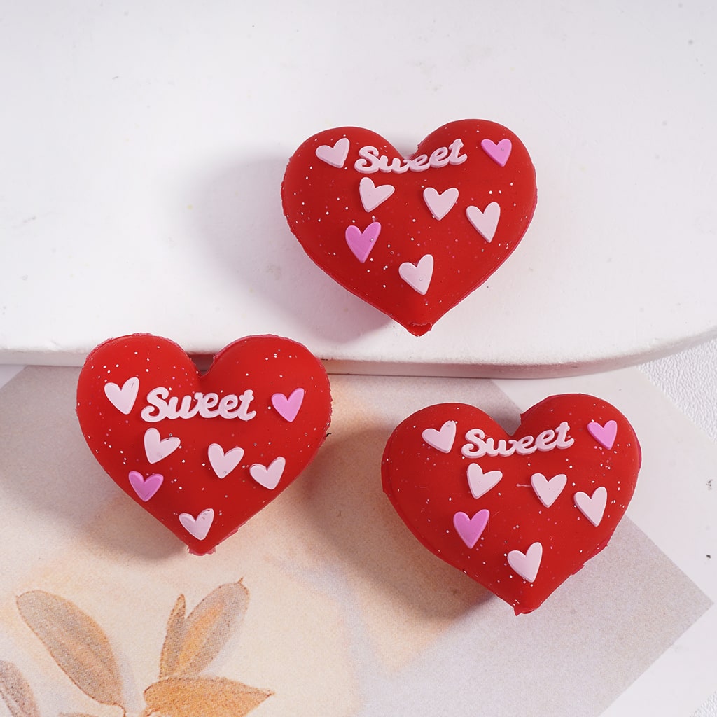 3D Red Heart Shaped Silicone Focal Beads with “Sweet” Text and Mini Pink & White Small Hearts