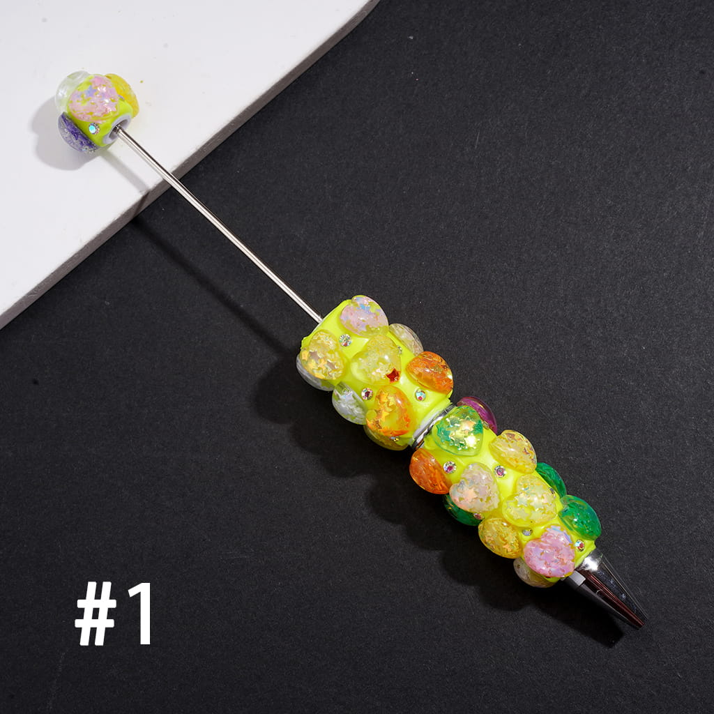 Beadable Clay Pens with Sparkling Sequins Stars in Hearts and AB Rhinestones, Fluorescent Pen Body, Multi-Colors