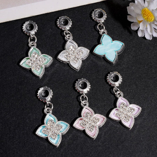 Four Leaf Clover Charm Bail Beads with Rhinestones, Silver Metal Jewelry Findings, Random Mix