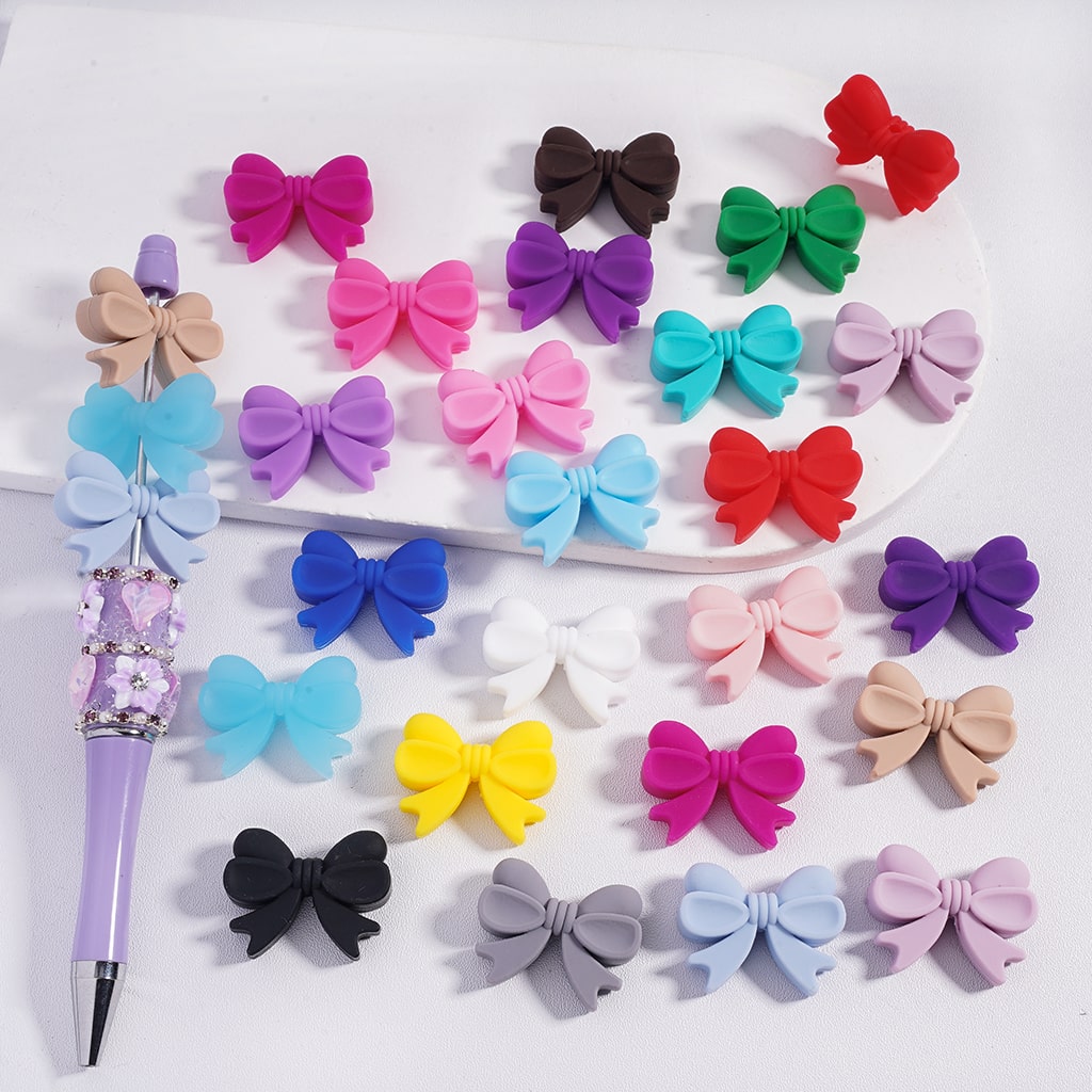 Cute Colorful Bowtie Theme Silicone Focal Beads Random Mix The Hole is Vertical, Not Horizontal)