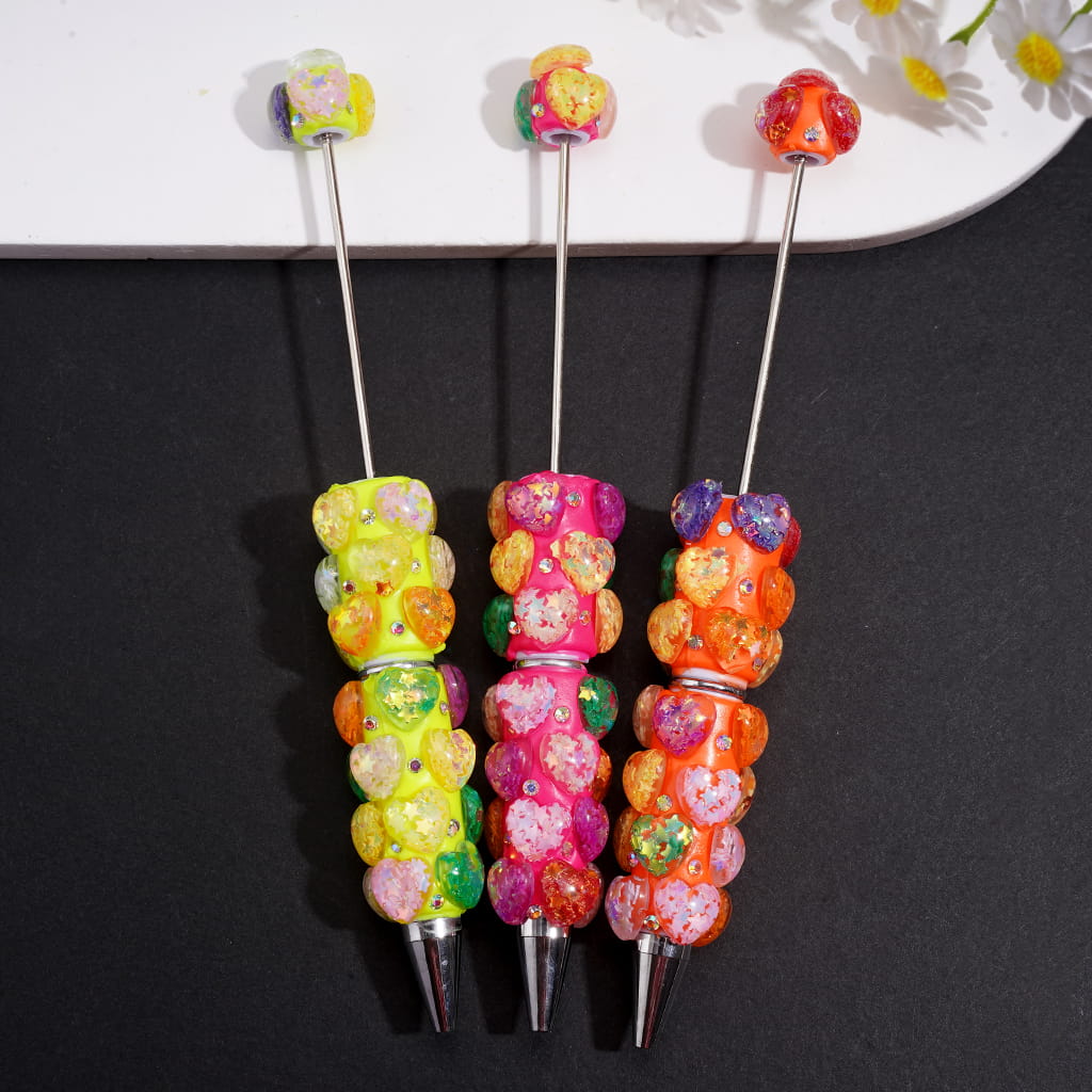 Beadable Clay Pens with Sparkling Sequins Stars in Hearts and AB Rhinestones, Fluorescent Pen Body, Multi-Colors