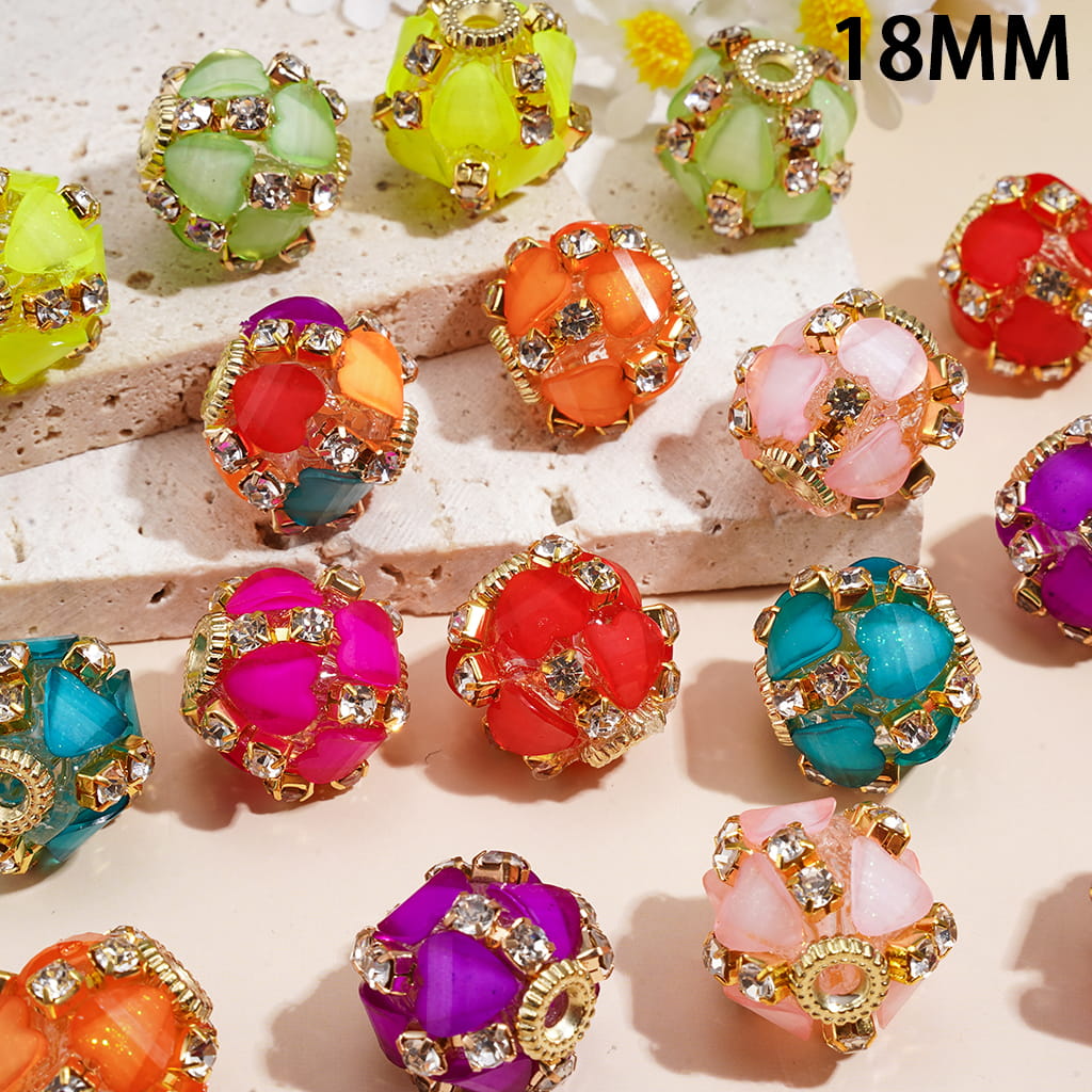 Vibrant Neon Heart Shape Crystal with Clear Rhinestone Chain Gold Metal Frame Hand-Made Acrylic Beads, 18MM Random Mix