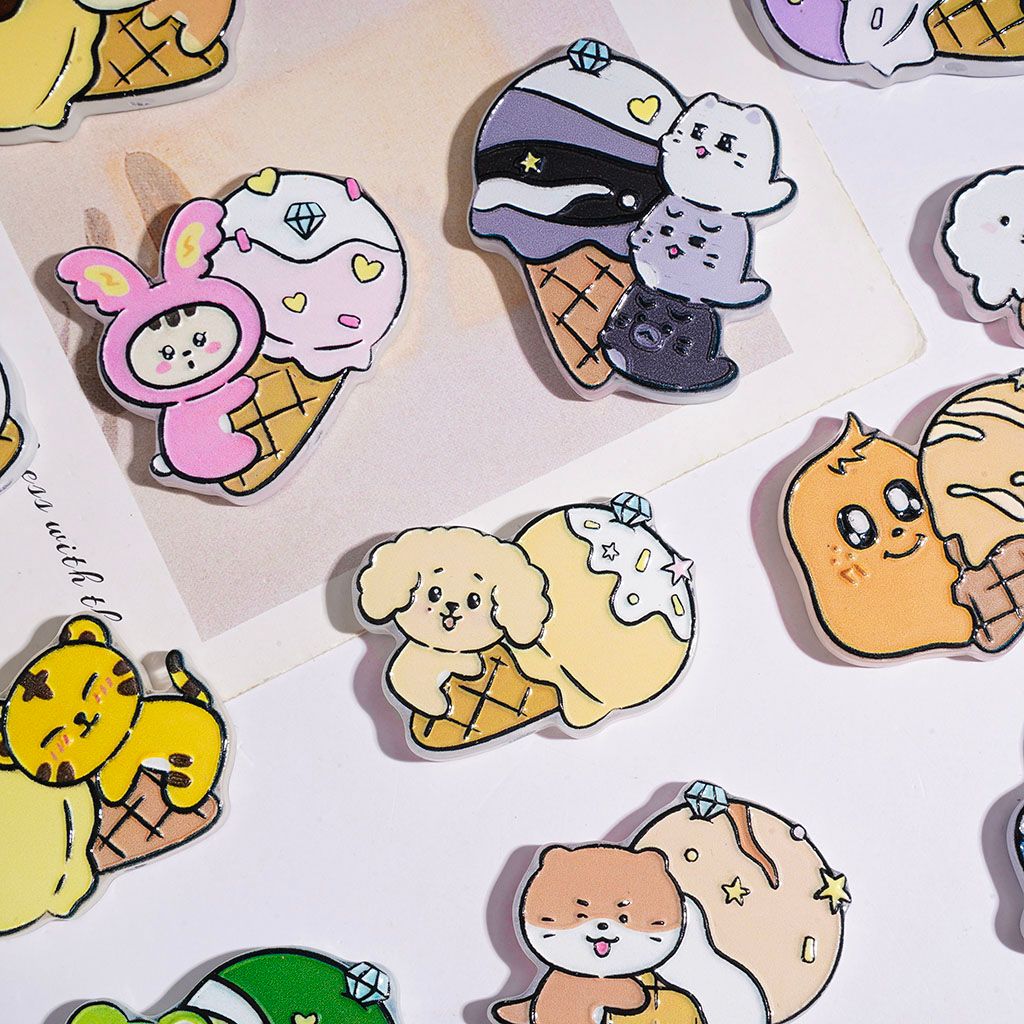 Adorable Cute Animal Laying on Ice Cream Cone Designs Acrylic Beads, Random Mix