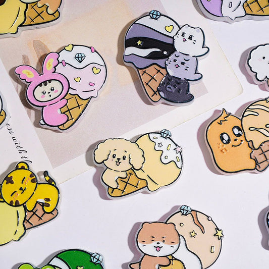 Adorable Cute Animal Laying on Ice Cream Cone Designs Acrylic Beads, Random Mix