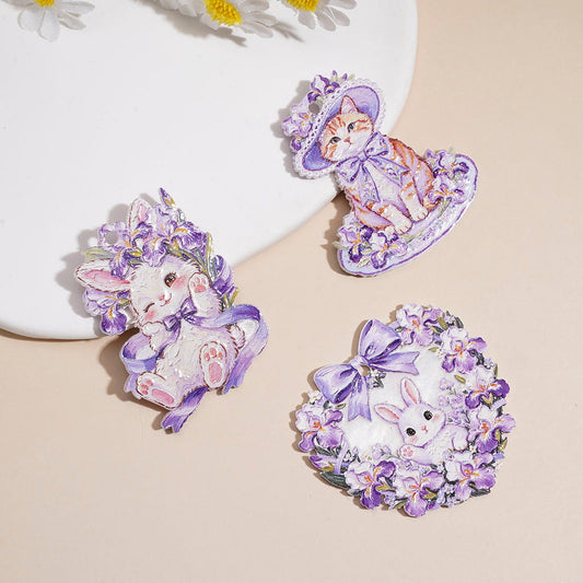 Vintage Bunny and Kitten Character with Purple Iris Floral Design Acrylic Charm Pendants, Random Mix