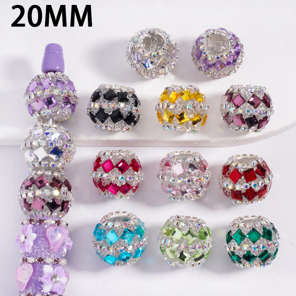 Multi-Color Round Acrylic Sugar Beads with Square Shape Rhinestones Chain 20MM