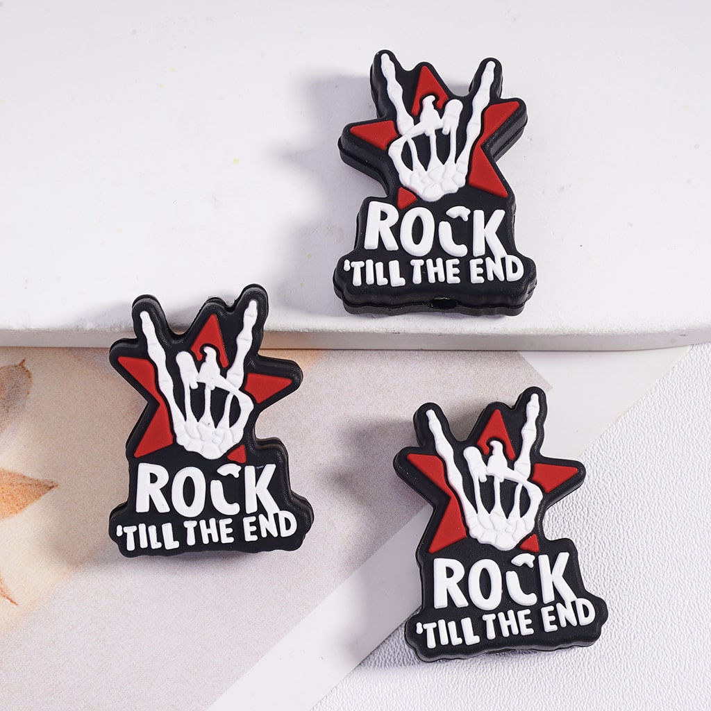 Skeleton Hand in Rock Gesture and Text "Rock Till the End" Silicone Focal Beads
